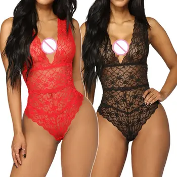 

Women Hollow Sheer Floral Lace Lingerie Bodysuit Plunging Deep V-Neck Nightwear