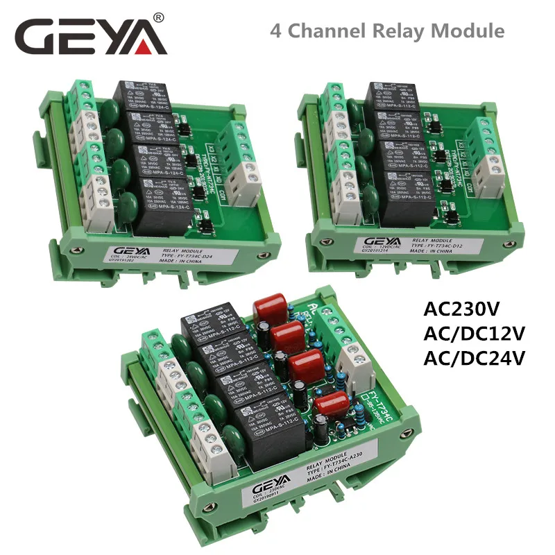 

GEYA 4 Channel Relay Module 1 SPDT DIN Rail Mount 12V 24V DC/AC Interface Relay Module for PLC