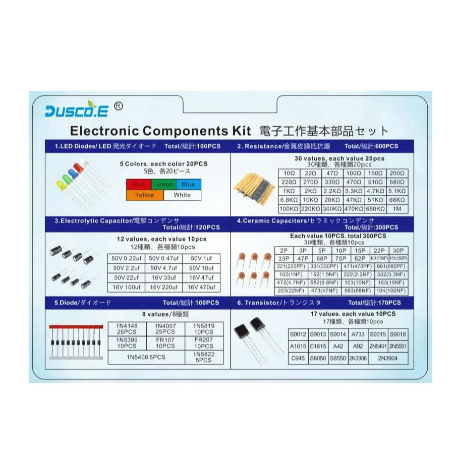Electronic Component Kit Total 1390Pcs LED Diode Triode Capacitance PNP/NPN LCR TO-92 Transistor Resistors set for ESR-T4 Tester