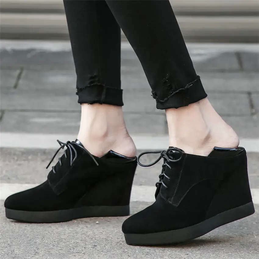 

Fashion Sneakers Women Lace Up Genuine Leather Wedges High Heel Ankle Boots Female Pointed Toe Platform Pumps Shoes Casual Shoes
