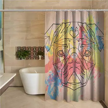 

Pug 3D Printed Shower Curtain Vibrant Colored Background with Color Splashes and Line Art Design Face of a Pug Print Hotel