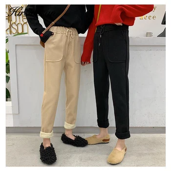

Hirsionsan Drawstring Wool Pants Casual Harem Slim Thicken Long Pant Women Pocket Solid Color Loose Warm Female Black Trousers