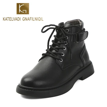 

KATELVADI Ankle Boots High Quality Brand Split Leather Lace Up Woman Shoes Handmade Slip-on Square Heel Round Toe Boots XYL-005