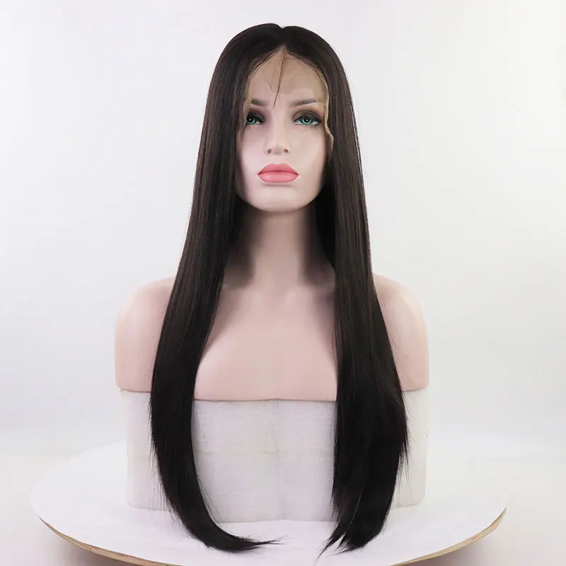 

Bombshell Dark Brown Synthetic Lace Front Wig Silky Straight Heat Resistant Fiber Hair Glueless Natural Hairline For Women Wigs