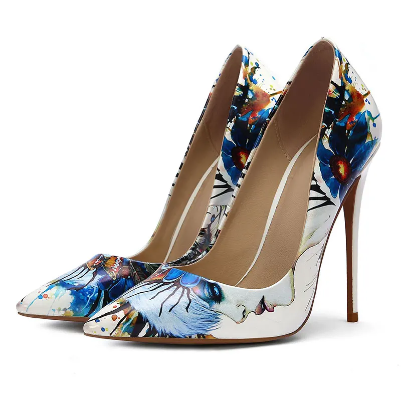 ElisabetTang/женские туфли на шпильке; туфли-лодочки из искусственной кожи на высоком каблуке с принтом; пикантные женские свадебные туфли с острым носком - Цвет: AWJ006 White