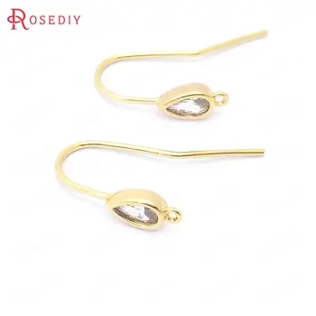 

(39058)6PCS 15MM 24K Gold Color Brass and Zircon Drop Shape Earrings Hooks Jewelry Making Supplies Diy Findings Accessories