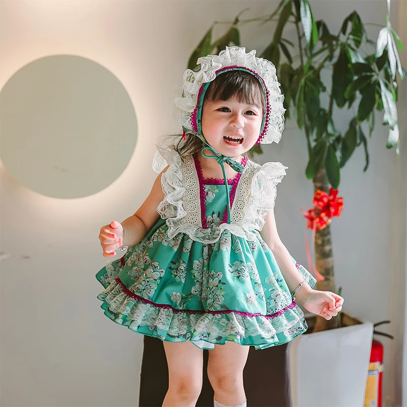 Платья для девочек испанская ретро-кружевная юбка принцесс с зелеными цветами
