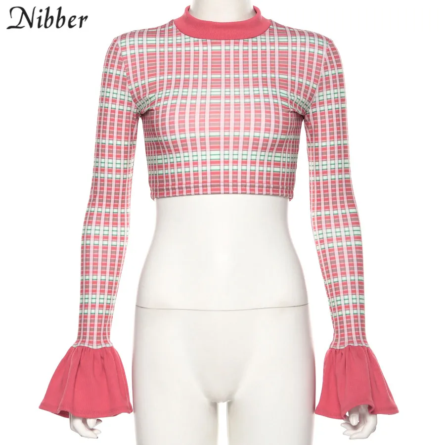 Nibber/осенний укороченный топ с рукавом-колокольчиком в стиле Харадзюку, женские футболки, Повседневный Ретро клетчатый топ с принтом, mujer, уличные тонкие футболки