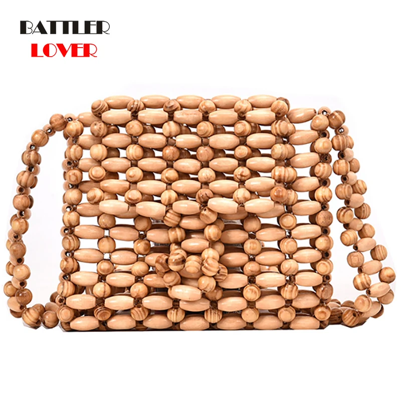 Womens Bead Wood Bag High Quality Designer Wood Fashion Crossbody Shoulder Bag Women Summer 2019 Beach Flap Ladies Messenger bag