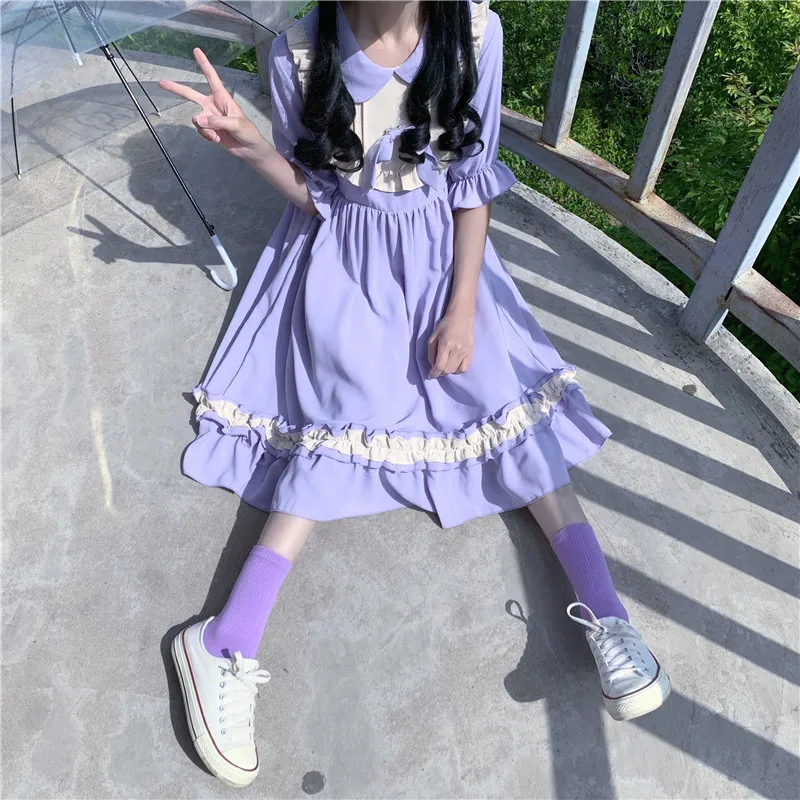 Japanese Lolita Style Sweet Soft Girl Dress Peter Pan Collar Cute Petal Sleeve Bandage Bow Splice Ruffles Kawaii Dresses Women