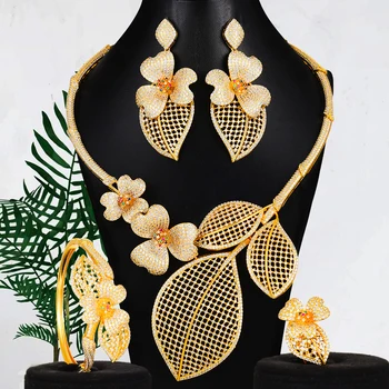 

Soramoore 4PCS Fashion Luxury Flowers Jewelry Sets For Women Wedding African Indian Cubic Zirconia Dubai Bridal Jewelry 2020