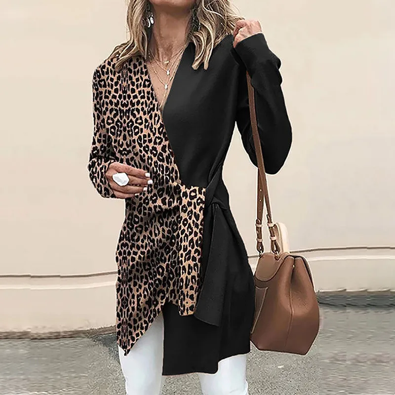 YELITE leopard print office autumn winter V-neck long-sleeve irregular sexy tops aesthetic vintage women Shirts