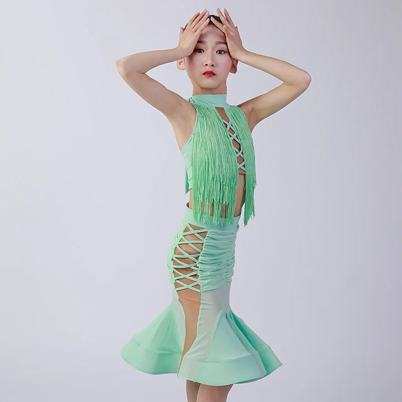

Fringe Latin Dance Clothes Girls Cha Cha Dress Modern Dancewear Green Designer Clothes Stage Costume Salsa Dancing Outfit DL7995