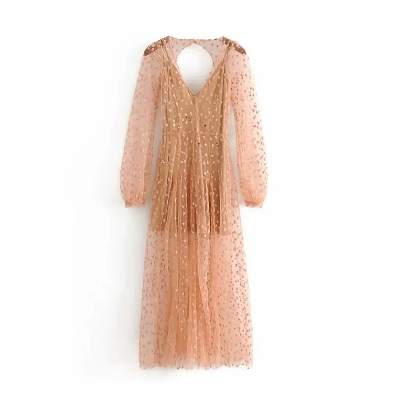

2018 Western Style Spring And Summer WOMEN'S Dress New Style Sequin Gauze Star Embroided Dress