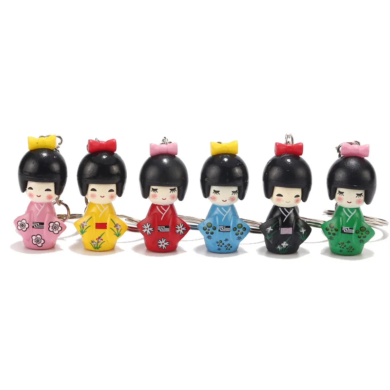 1 Set 6PCS Mixed Colorful Cute Fashion Japanese Kimono Girl Keychain PVC Cartoon Doll Key Chains