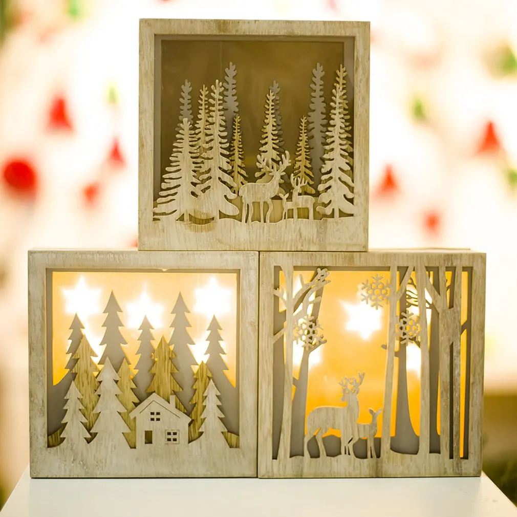 Украшения для рождества, Рождественская деревянная лампа, маленькая квадратная коробочка, украшение, Рождественское украшение для окон, украшение