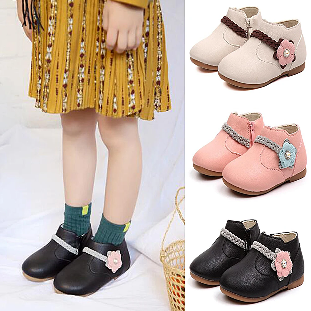 

Autumn Winter Girls boots Flower decorative Booties Kids girls Zipper Flat Ankle Boots Warm Shoes for 2-6 Years D35