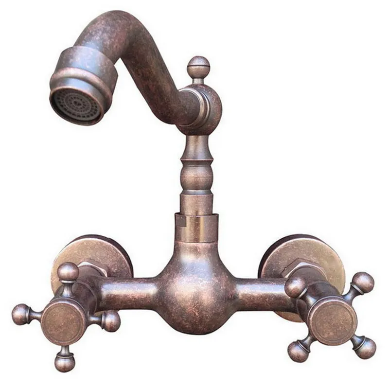 

Vintage Retro Antique Copper Wall Mounted Double Cross Handles Bathroom Kitchen Sink Faucet Mixer Tap Swivel Spout ann019