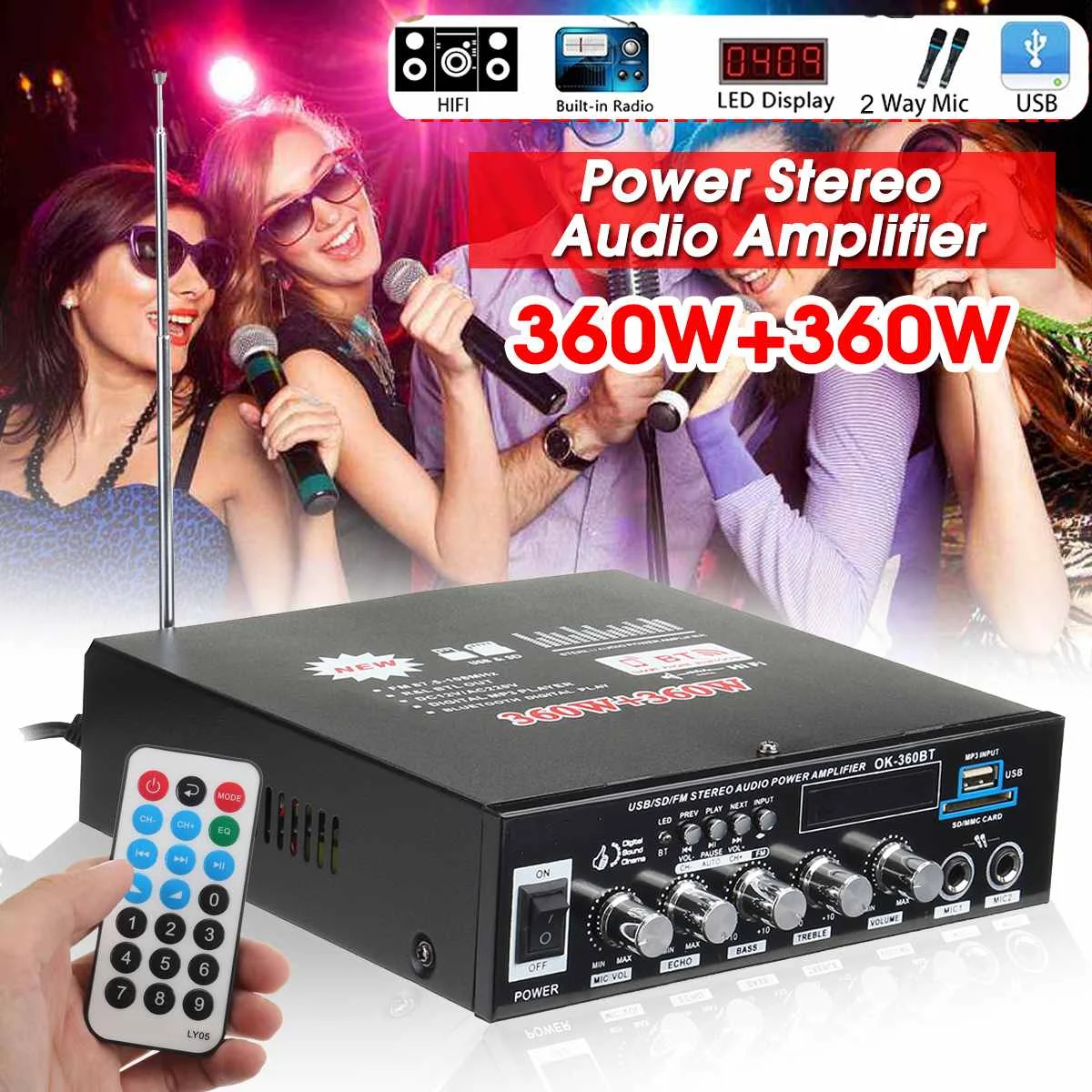 

CLAITE 360W+360W Power HiFi Stereo Audio Amplifier 220V Remote Control bluetooth FM USB SD Subwoofer Amplifiers Home Party KTV