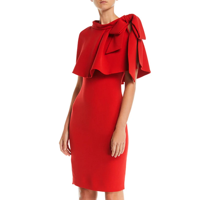 

Women's Fashion 2019 Autumn Winter sash bow collar split cloak sleeves knee length tight red / black dress