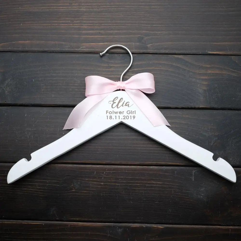 Personalized Wedding Hanger Flower Girl,Bridesmaid Gift White Hanger with Pink Bow,Wedding Dress Hanger,Custom Bride Hanger