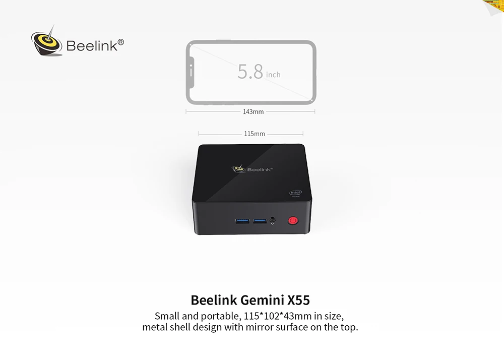 Мини-ПК Beelink Gemini X55 Intel GEMINI LAKE Pentium J5005 8GB LPDDR4 128 GB/256 GB/512 GB SSD 2,4G + 5G WiFi 1000Mbps USB3.0 HDMI