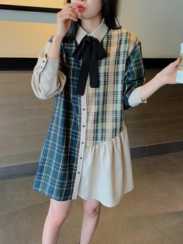

Women Loose Cotton Plaid Spliced short Dress New 2020 Spring Preppy Style Bow collar Long Sleeve Dresses hit color vestidos