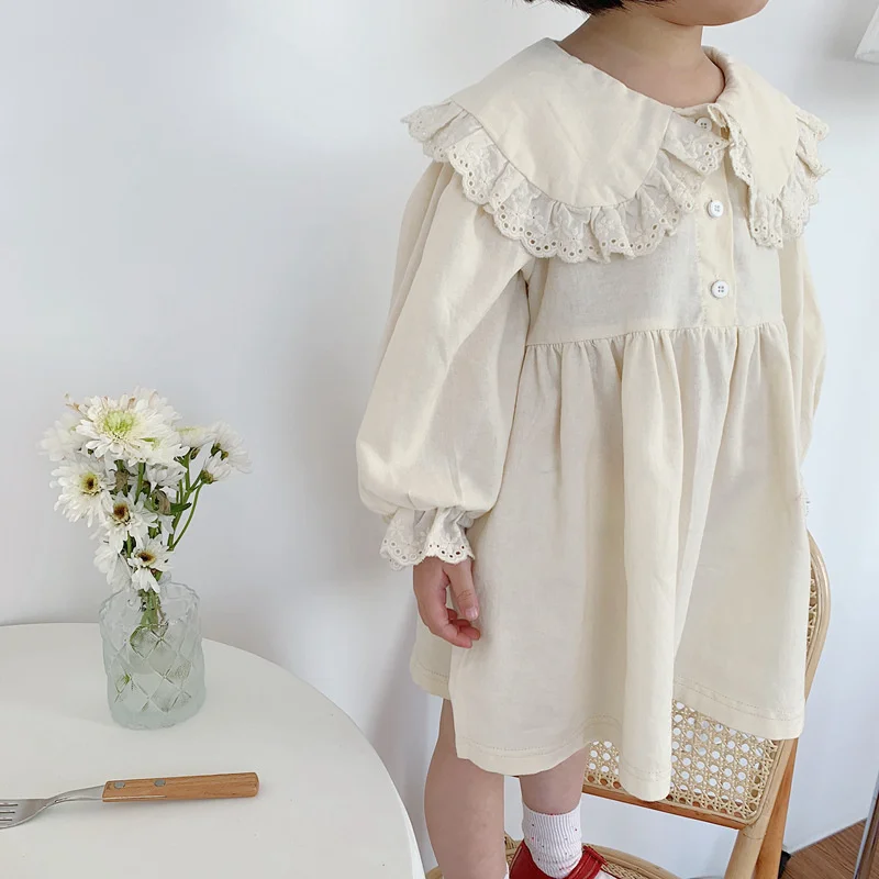 Spring Summer kids dress for girls lace patchwork Korean style cute girls long sleeve turn-down collar party princess dresses