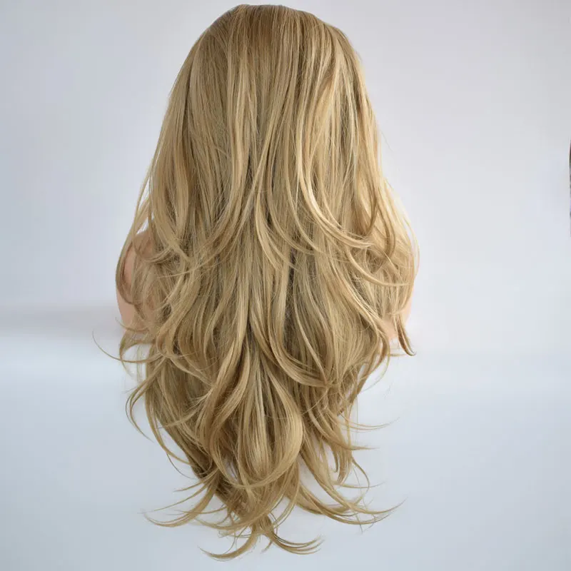 Смешанный блонд объемная волна 26 ''синтетический 13*3 парик фронта шнурка жаропрочные волокна волос естественная линия волос средний пробор для женщин парики