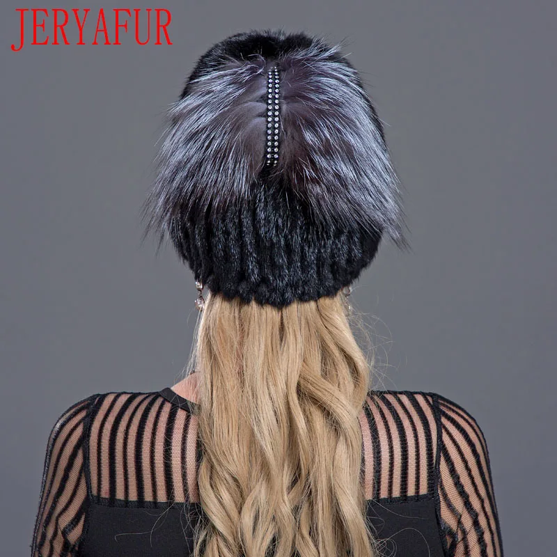 JERYAFUR русская модная норковая меховая Лыжная шапка для зимы женский пуловер и шапка трип норка, лиса меховая вязаная шапка с внутренней подкладкой