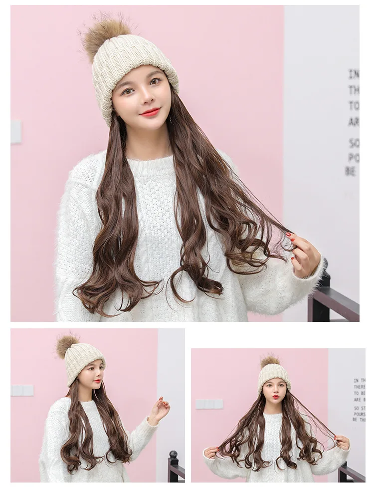 Модные зимние шляпы для женщин Skullies Beanies вязаная шапка парик все-в-одном парик шляпа капот