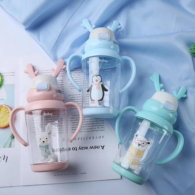 Детская школьная соломенная бутылка для питьевой воды с изображением животных из мультфильмов, чашка с ручками и плечевым ремнем