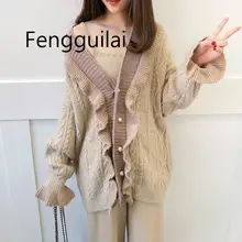 FENGGUILAI Korean Cardigan Sweater For Women V Neck Flare Sleeve Loose Ruffles Hit Color Sweaters Coats Female Fashion New Autum