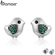 BAMOER 925 пробы серебряные серьги-гвоздики в виде милой маленькой птички с прозрачным CZ зеленым сердцем для женщин ювелирные изделия из стерлингового серебра SCE079