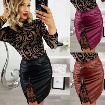 

2020 Women's skirt under the open fork Leather skirts high wrap hip hip skirt fashion slim bandage black plus size pencil skirts