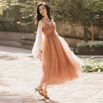 

YOSIMI 2020 Summer Maxi Party Dress V-neck Sleeveless Long Women Dress Ankle-Length Khaki Spaghetti Strap Sequined Empire Dress