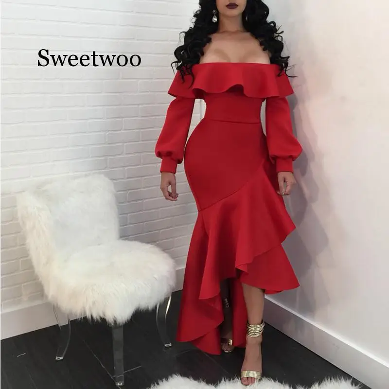 

SWEETWOO Elegant Slash Neck Off Shoulder Summer Women Dress Short Sleeve Ruffles Asymmetrical Women Vestidos