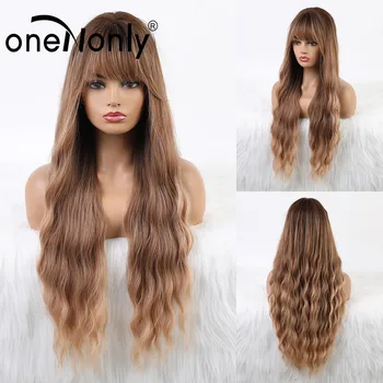 

oneNonly Ombre Brown Synthetic Wigs Long Kinky Curly with Bangs Wigs for White Black Women Glueless Free Shipping Natural Wigs