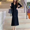 Black Korean Single-breasted Long Dress Women Long Sleeve V-neck Mermaid Dresses Elegant Fashion Ladies Vestidos Femme 2022 ► Photo 1/6