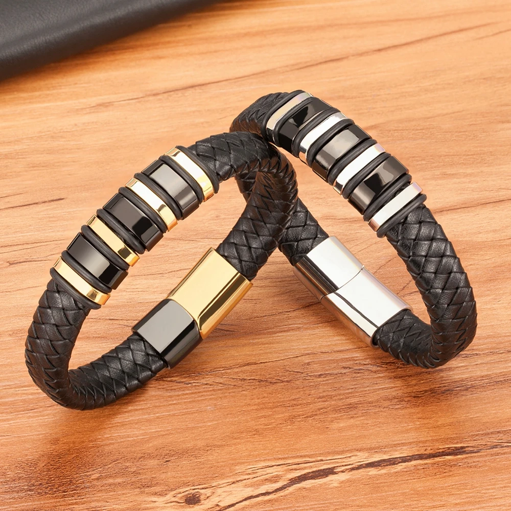 TYO New Fashion Braided Wrap Rope Black Leather Bracelets For Men Simple Stainless Steel Charm Vintage Bangles Jewelry Gift - Image 3