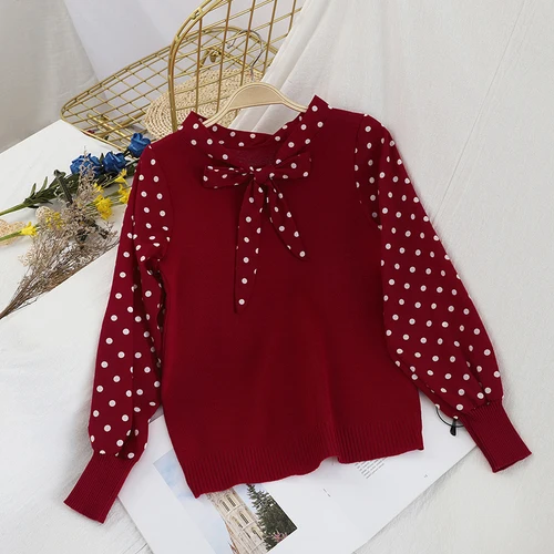 Burgundy Блузка Neploe с круглым вырезом, на шнуровке, с бантом, контрастный цвет, в стиле пэчворк, вязанная блуза, осень-весна, новинка, рубашка в горошек с длинными рукавами, 48327 - Цвет: Burgundy