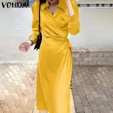 

Women Dress Sexy Long Sleeve Lapel Neck Shirt Long Maxi Dress 2022 VONDA Oversize Faldas Largas Women Vestido Casual Robe Femme