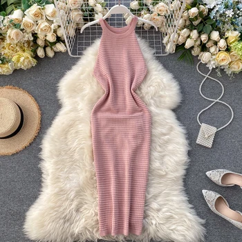 

ALPHALMODA 2020 Simple Solid Knit Dress Halter Neck Women Summer Casual Slim Knit Dress