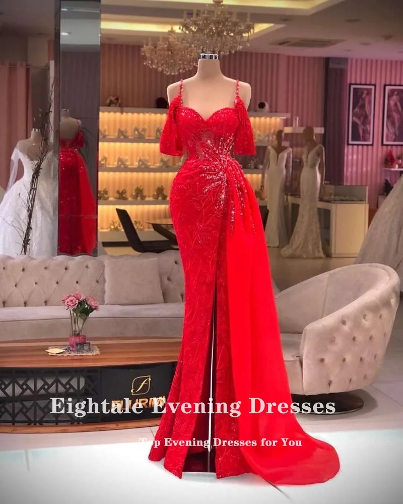 Eightale Arabic Evening Dresses Spaghetti Strap Beaded Lace Red Mermaid Prom Gown Long Custom Made Plus Size Party Dress 2022 black formal gown