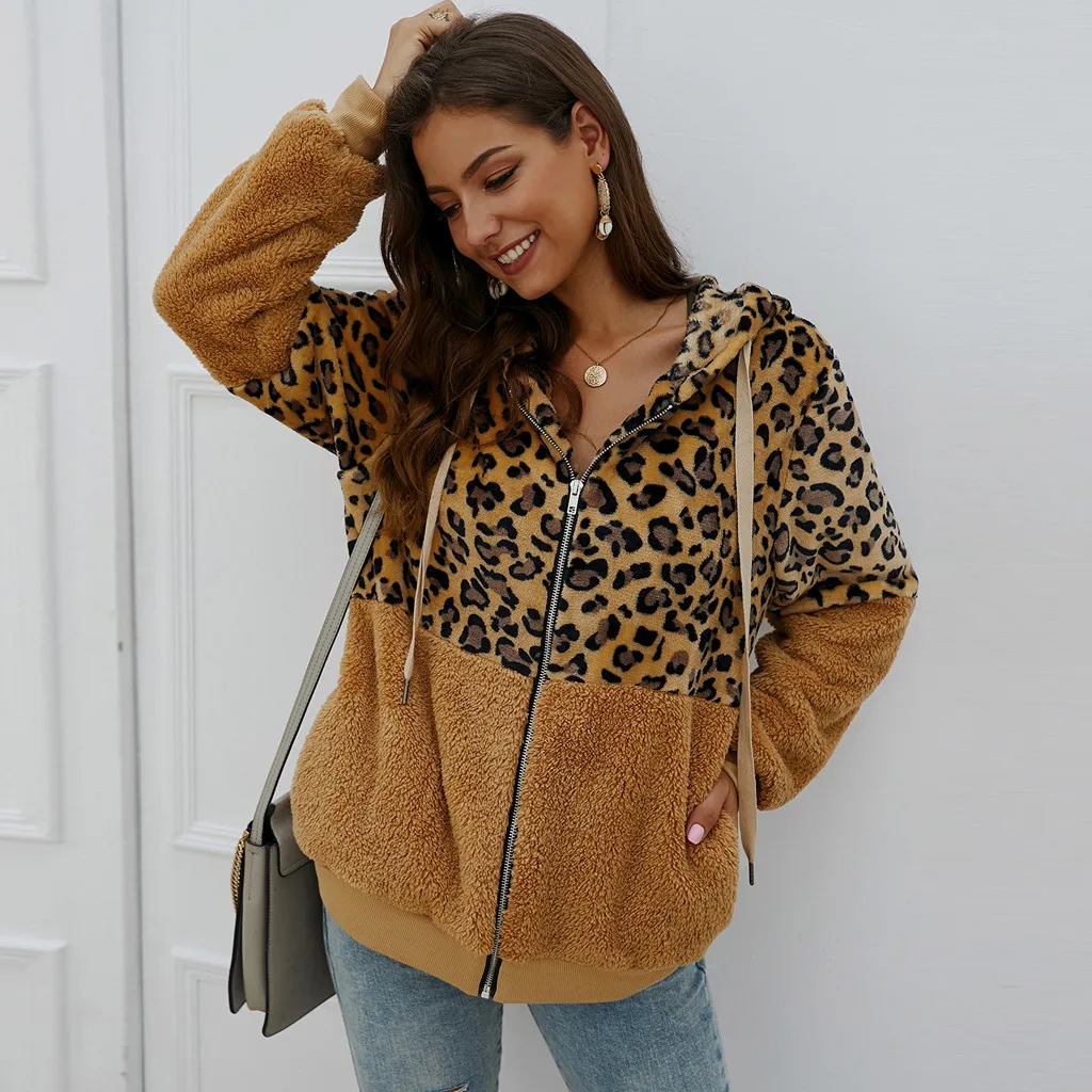 

woman hoodies long sleeve jacket with fur Women Leopard Print Patchwork Fleece Teddy Cozy Cardigan Zipper Keep Warm Coat Jaqueta