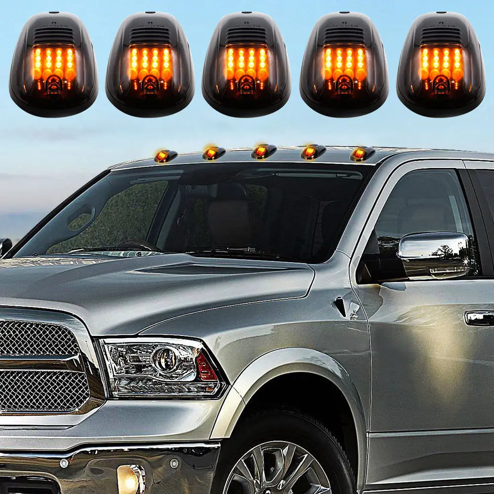 Top Clearance Light w/Wiring Pack Compatible with 2003-2018 Dodge Ram 1500 2500 3500 4500 5500 Pickup Trucks 5 X Cab Marker Light Smoke Lens Amber 16 LED Housing Cab Roof Running Lights 