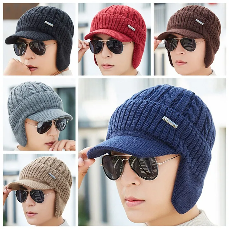 Мужская бейсбольная кепка зимняя вязаная теплая шапка с ушками шерстяные шляпы из искусственного меха встроенная защита ушей