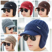 Мужская бейсбольная кепка зимняя вязаная теплая шапка с ушками шерстяные шляпы из искусственного меха встроенная защита ушей