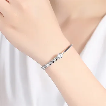 

Pure 925 Sterling Silver Bracelets For Women Jewelry Charm Crystal Bangles Girls Accessories Female Geometric Bangle Bride Bijou
