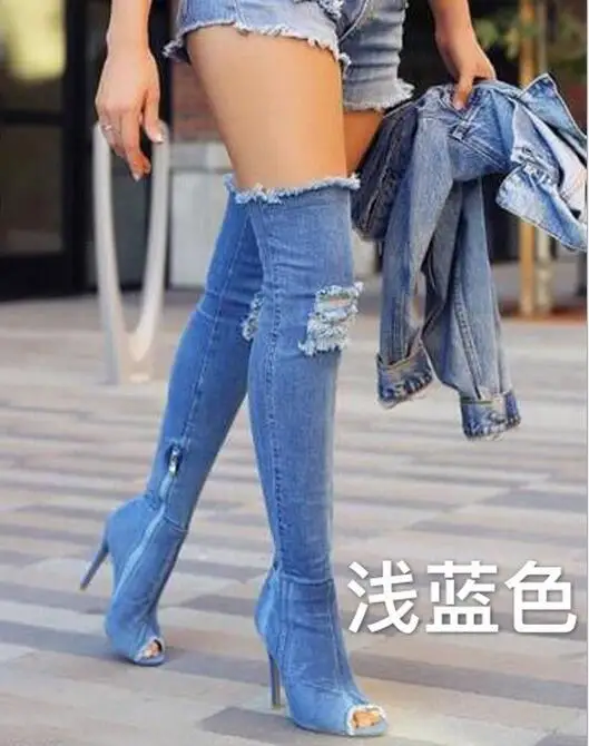 Пикантные сапоги; женские облегающие Высокие Сапоги выше колена; Bottes; туфли-лодочки с открытым носком; синие джинсовые туфли на молнии с дырками; Botas Mujer - Цвет: NO.4
